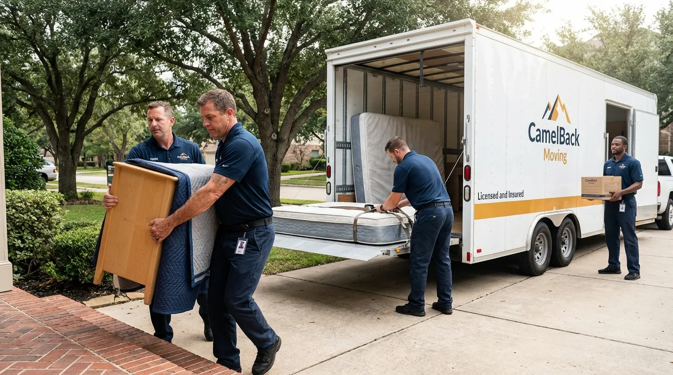 Crew loading residential truck for cross-state move from Newport, MN