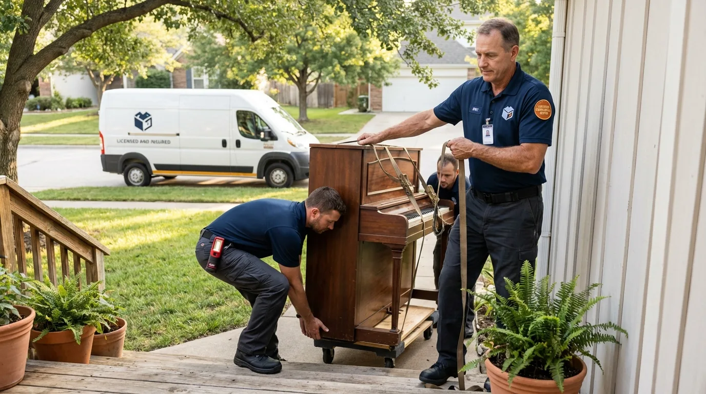 Licensed piano movers securing grand piano in Newport, MN
