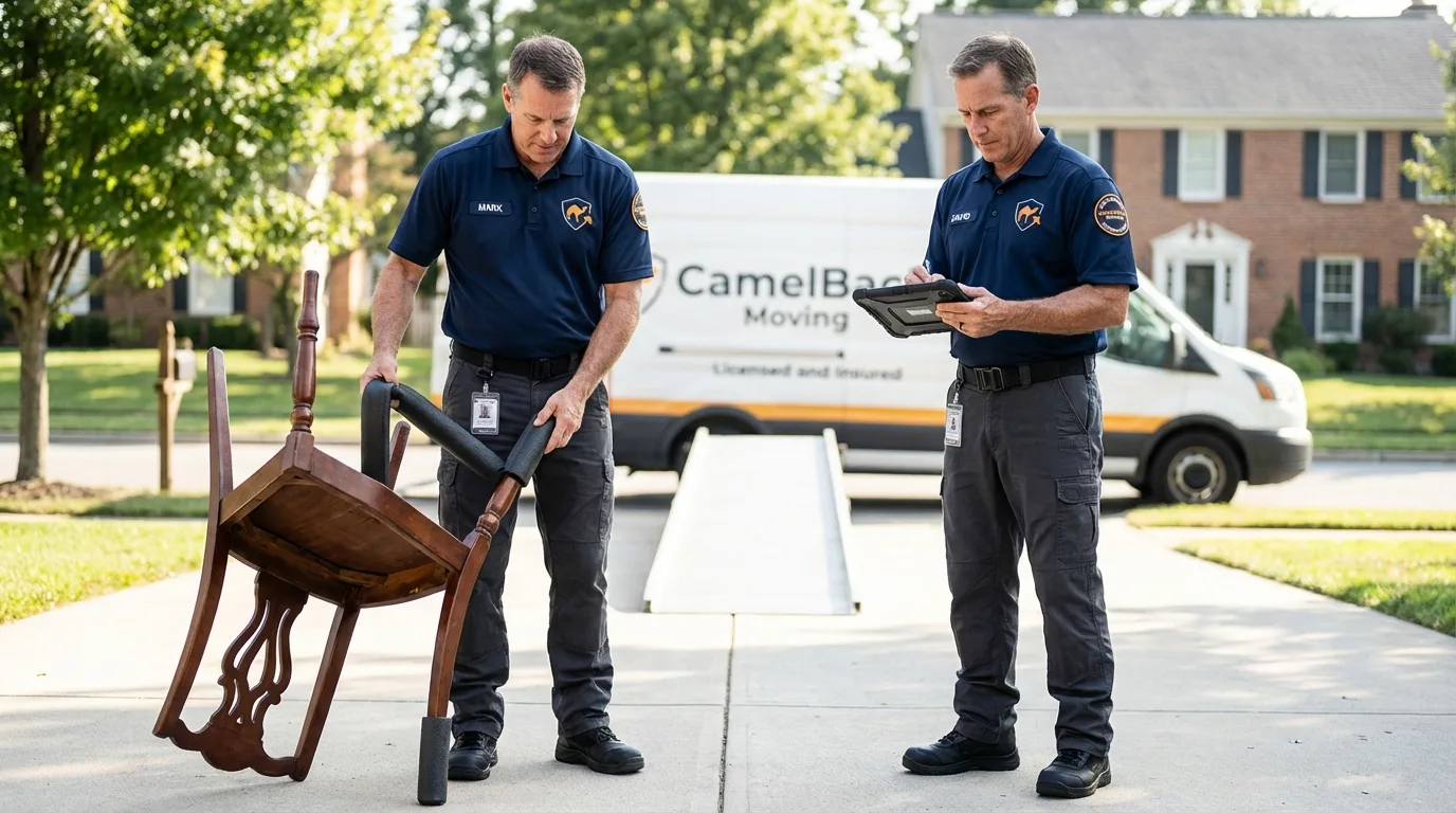 Movers inspecting furniture for damage prevention before loading in Newport, MN
