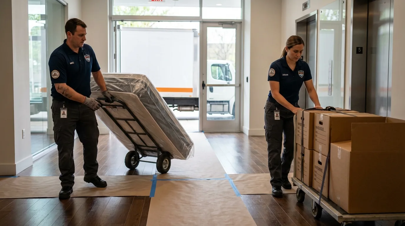 Professional apartment movers loading elevator in Newport, MN