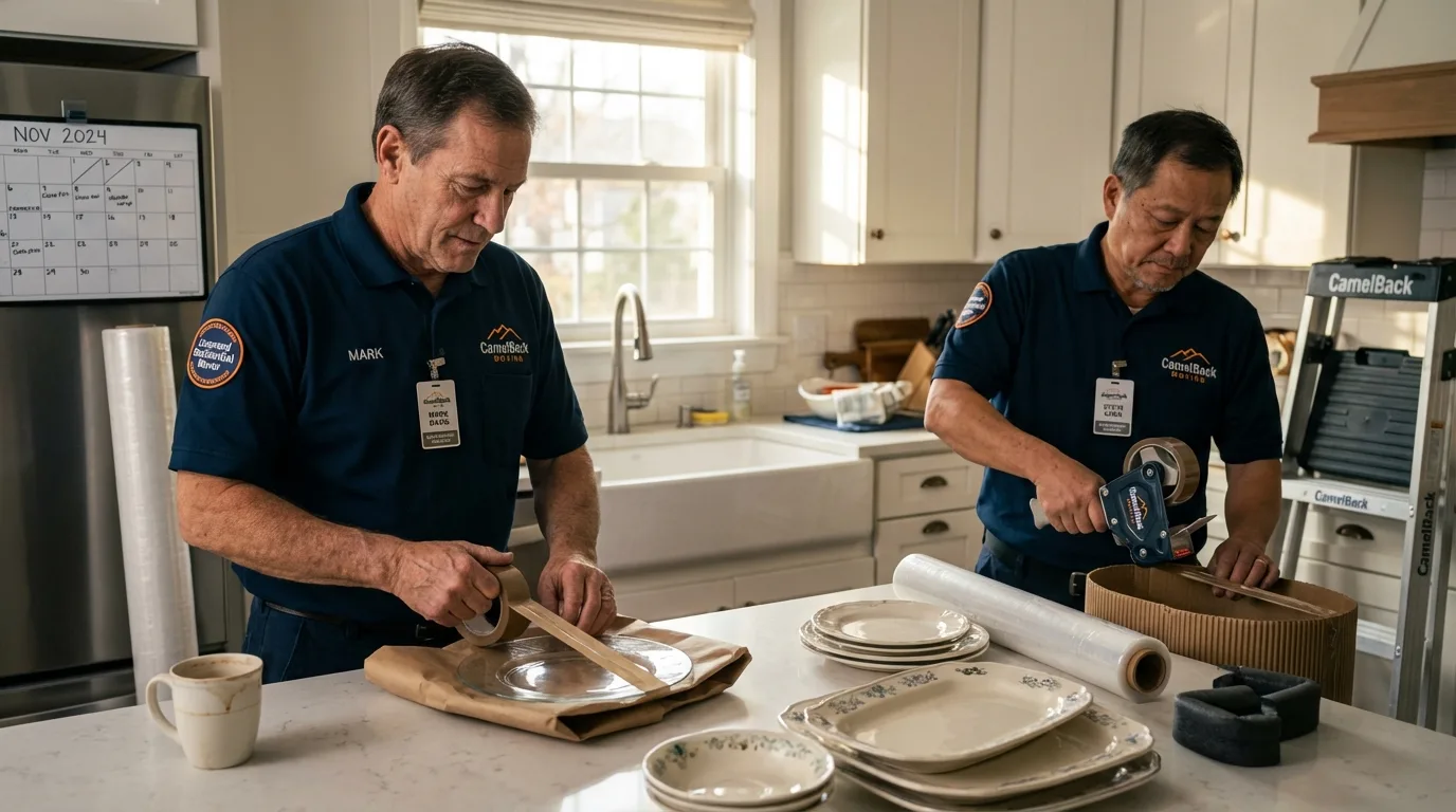 Professional crew packing kitchen dishware in Newport, MN